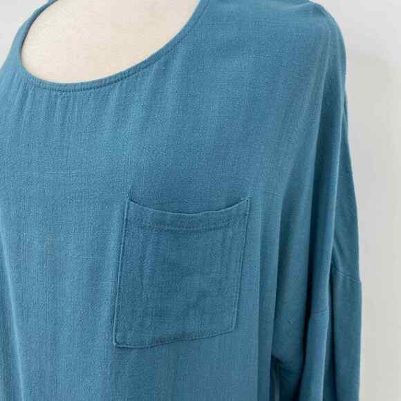 Umgee Blouse Womens Small Blue Linen Cotton Raw Edge Hem Ladies Tunic Top Hi Low - Picture 5 of 8